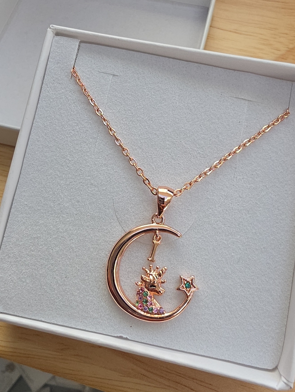 Rose Gold Crescent Deer Pendant Necklace with Multicolor Stones #4